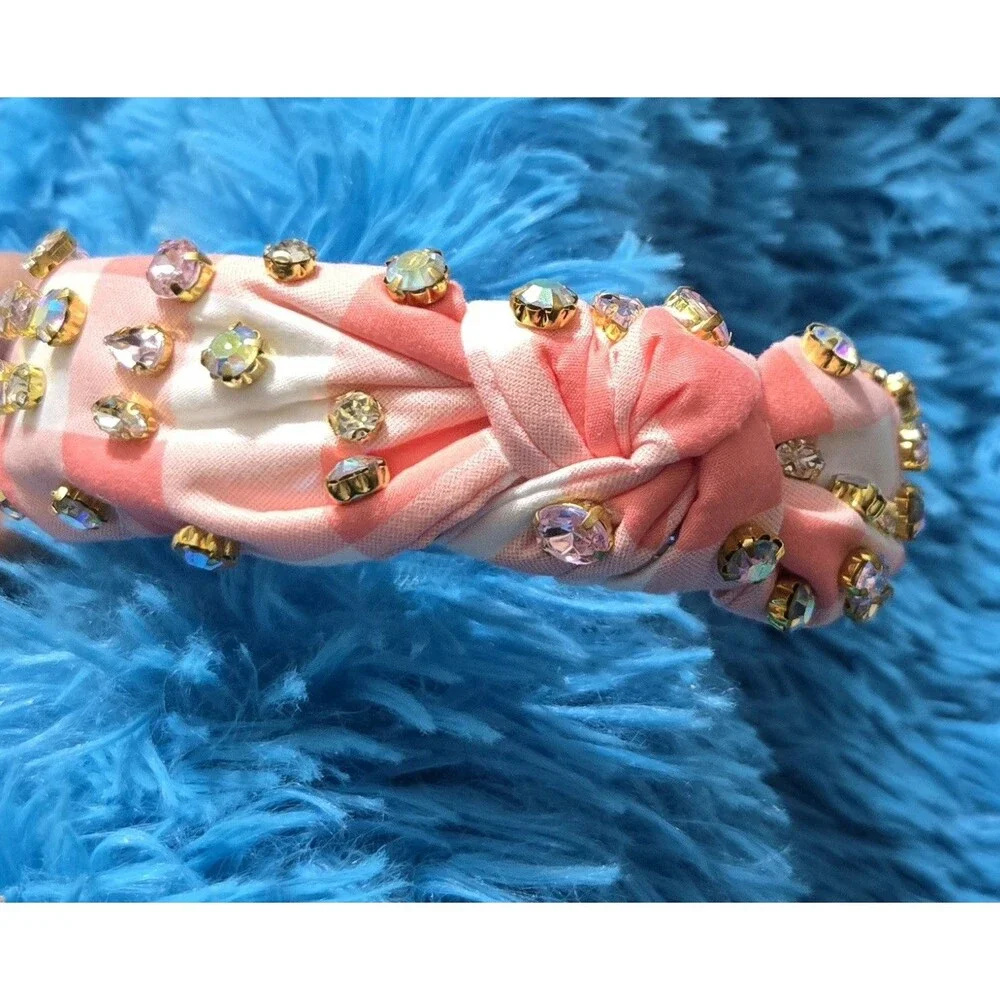 Pink White Striped Knotted Fabric Headband w/ Rhinestone Heart Embellish